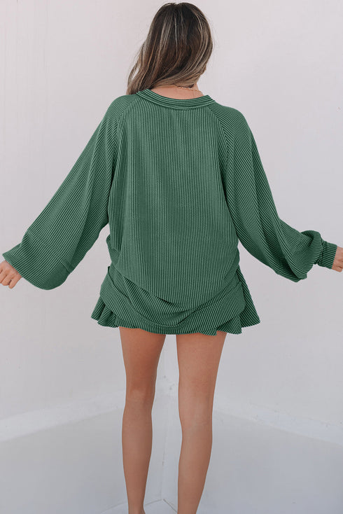 Corded Lantern Sleeve Top Ruffled Mini Skirt Two Piece Dress